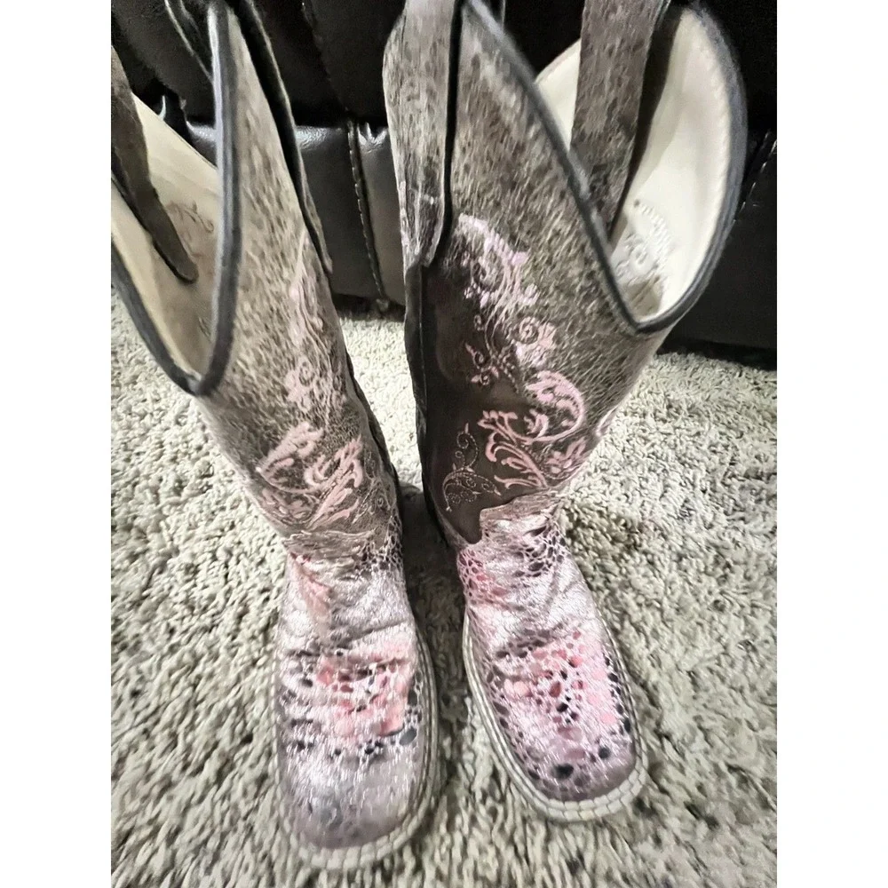 OLD WEST Children All Over Leatherette Antique Pink/Brown Crackle Broad Boots